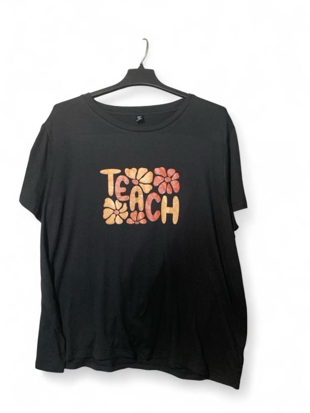 SHEIN Black Short Sleeve Tee with Orange Floral TEACH Graphic